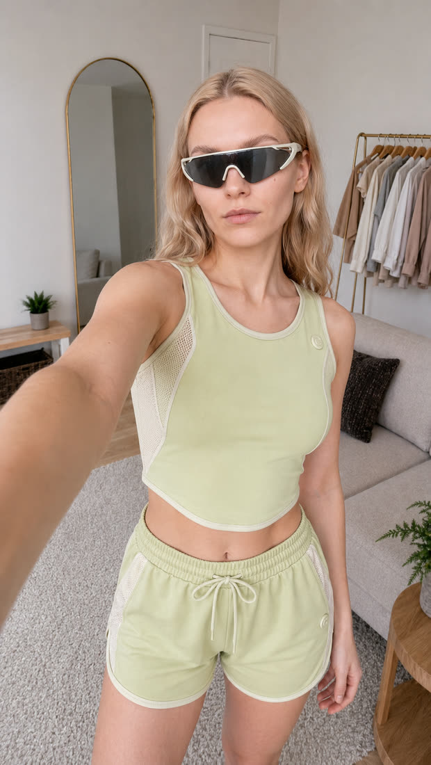 The same AI influencer taking a selfie at home